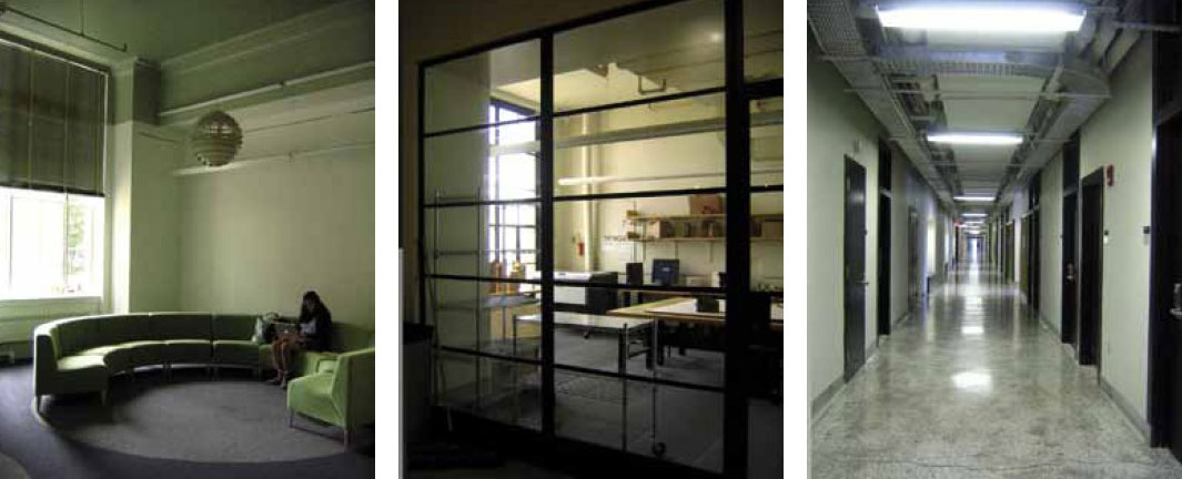 Long
corridors and glass frontages leading to
classrooms and offices.